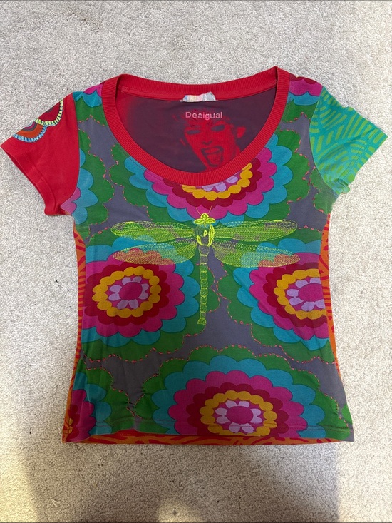 Desigual Tops - Desigual Multicolor Floral Dragonfly Tee with Red Trim